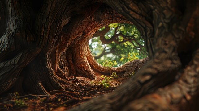 Interiors of an ancient tree captured through a hole