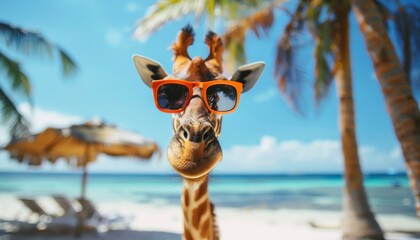 A giraffe wearing sunglasses is standing on a beach by AI generated image - Powered by Adobe