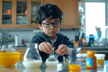 A young boy with straight black hair and glasses, conducting a science experiment in a modern kitchen.