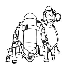 Vector illustration Breathing apparatus  hand drawn sketch Fireman equipment line art, front view, isolated on white background, For kids coloring book or science illustration.