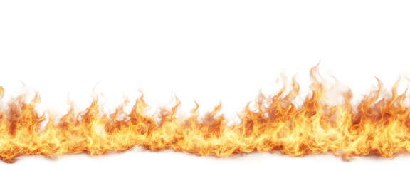 Horizontal flame border with intense fire and vivid orange hues isolate on transparent background, cutout, png