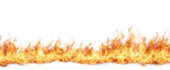 Horizontal flame border with intense fire and vivid orange hues isolate on transparent background, cutout, png
