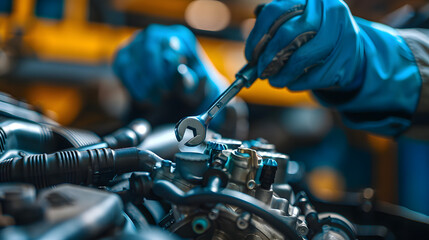 Obraz premium repairman hands repairing a car engine automotive workshop with a wrench, Automobile mechanic car service and maintenance, Repair service