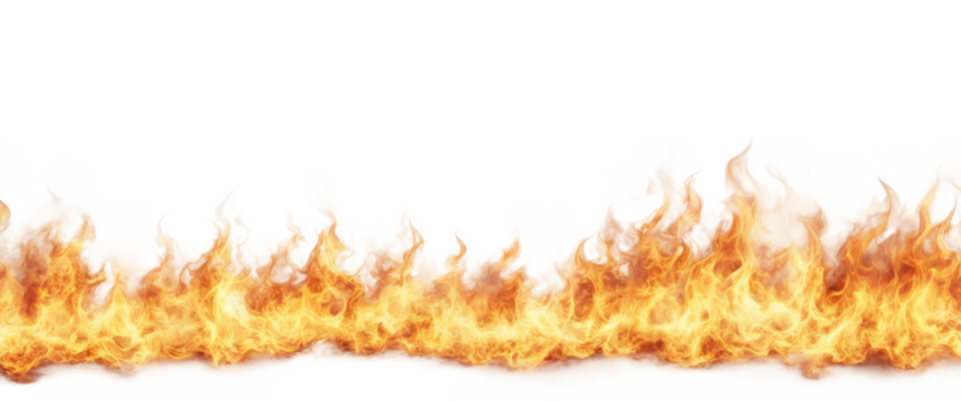 Horizontal flame border with intense fire and vivid orange hues isolate on transparent background, cutout, png