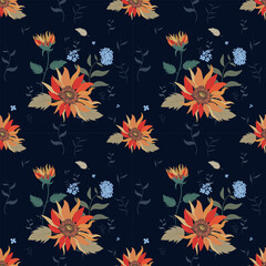 Web Seamless floral repeat pattern. Bright flowers on a dark background.