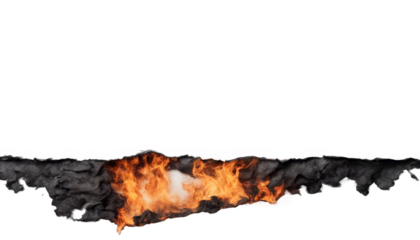 Fiery paper in a dark surface with bright orange flames isolate on transparent background, cutout, png