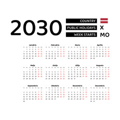 Calendar 2030 Latvian language with Latvia public holidays. Week starts from Monday. Graphic design vector illustration.