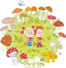 Funny little girl and boy mushroomers walking with baskets and gathering edible mushrooms on a pretty forest glade on a summer vacation, vector cartoon illustration on a white background