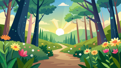 A picturesque sundappled forest with blooming wildflowers represents feelings of hope and new beginnings.. Vector illustration