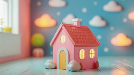 Illustration of a plastic house with kids playing in front, showcasing a protection theme