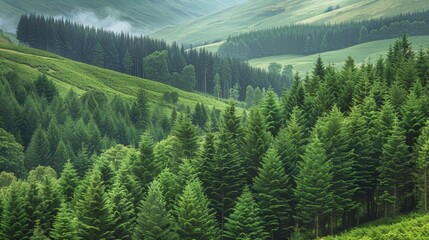 A dense forest of conifers covers the slopes of a grouping of drumlins providing a serene and...