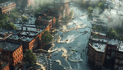 Intense image of a catastrophic flood inundating a city, with submerged buildings and rescue boats navigating the streets