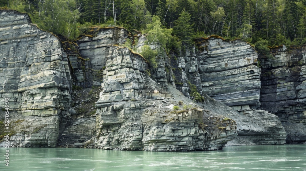 Wall mural layers of rock formations jutting out from the glacial river adding depth to the landscape.