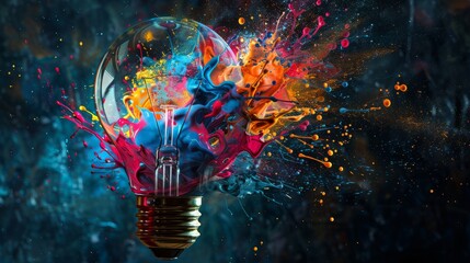 Creative light bulb explodes with colorful paint and splashes on a black background. Think differently creative idea concept