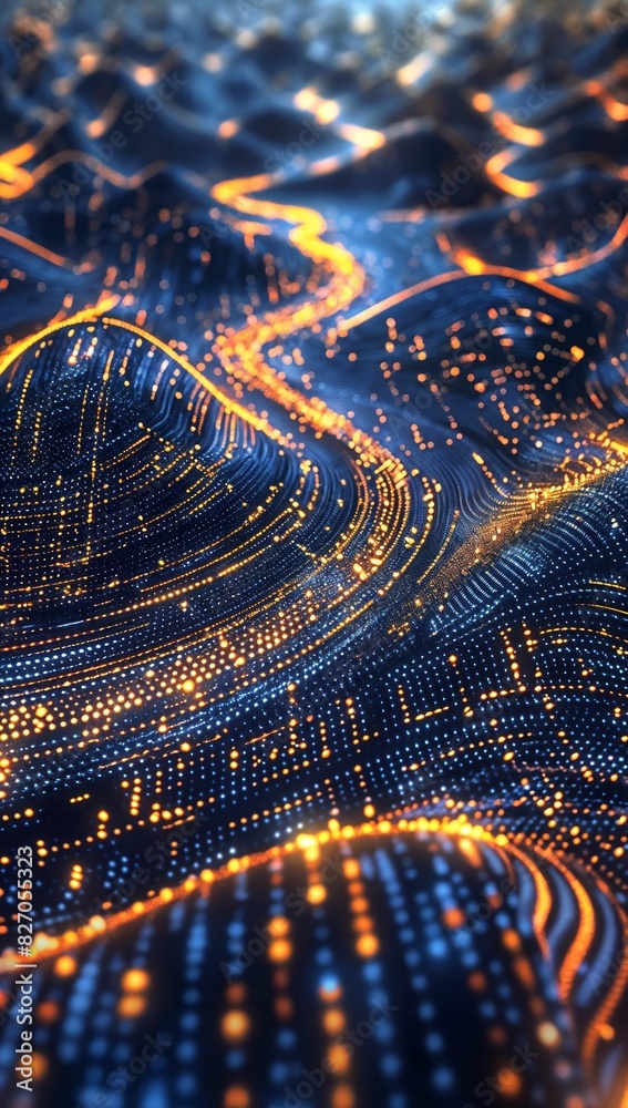 Poster glowing data streams flowing through a curve-based digital landscape, the cloud as the foundation fo