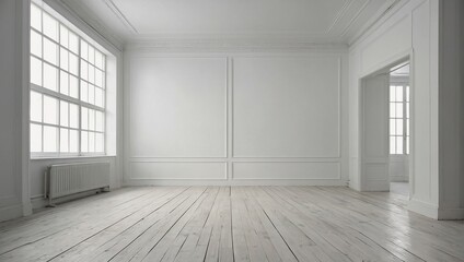 Obraz premium Blank white interior room background ,empty white walls corner and white wood floor contemporary