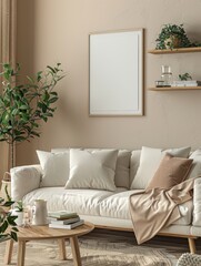 Domestic and cozy interior of living room with beige sofa, plants, shelf, coffee table, boucle rug, mock up poster frame, side table, plant and elegant decoration Beige wall. Home decor generative ai