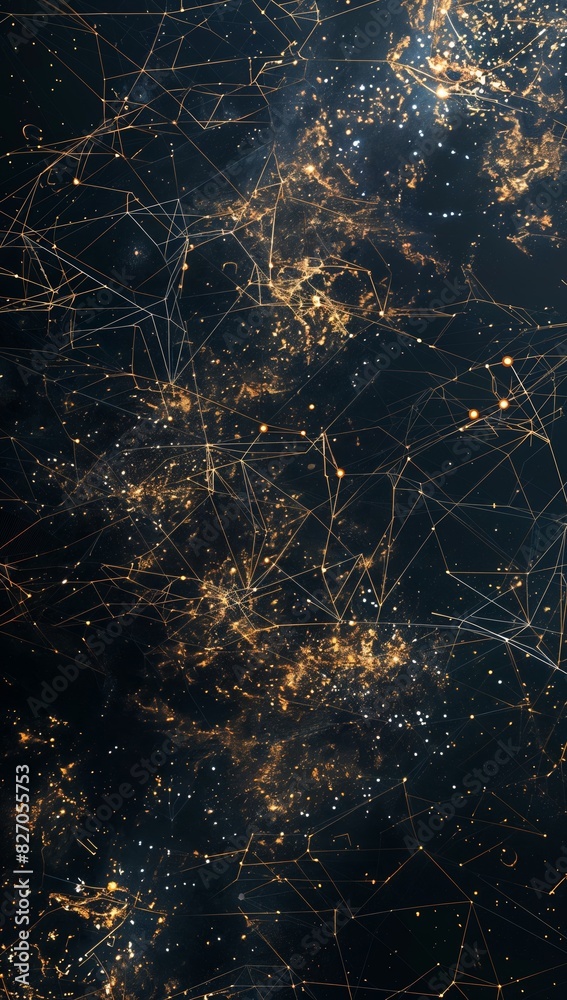 Poster illuminated paths: vertical data visualization of global network with glowing particle trails in dig