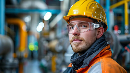 A young male industrial engineer wearing safety gear, standing confidently in a factory setting with machinery in the background.