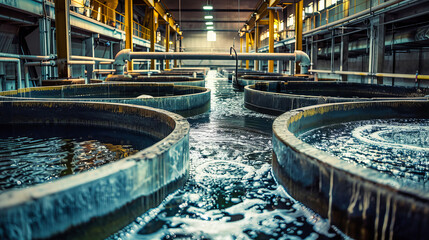 Water flows through pipes in an industrial water treatment plant, filtering and cleansing to protect the ecology