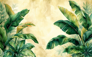 Modern minimalist watercolor tropical leaves illustration, background wall