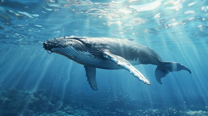 Fototapeta premium Humpback whale is swimming through camera. Close up shot of A Big Humpback whale is swimming beneath the surface of the water with sunlight rays. Scene with fish concept. 3D Render.
