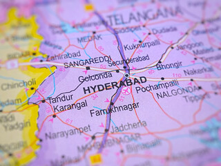 Hyderabad on a map of India with blur effect