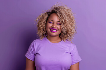 Waist up studio photography, large plus size african model, blond curly haircut, wearing mock-up...