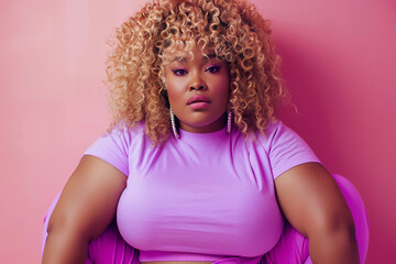 Waist up studio photography, large plus size african model, blond curly haircut, wearing mock-up...