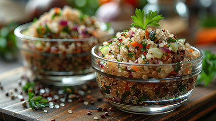 Cooked white and red quinoa in glass bowls 
