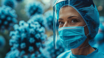 Close-up of a healthcare worker wearing a mask and face shield with virus cells in the background.