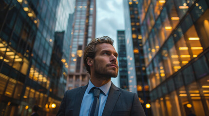 A contemplative businessman standing in a bustling city during evening hours, surrounded by illuminated office buildings.