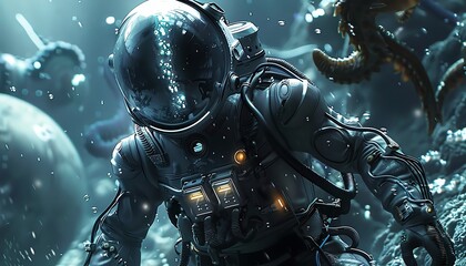 Fototapeta premium Produce a striking image of a deep-sea diving suit with advanced holographic displays amidst a crystal-clear underwater city