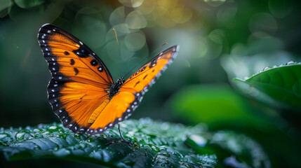 Vibrant orange and black butterfly perched on a green leaf with dewdrops, in a lush, natural environment.