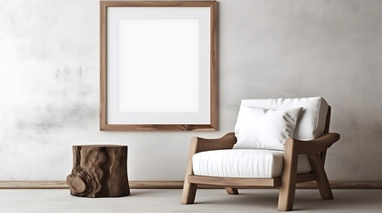 lounge chair and wood stump side table with empty blank mock up frame home interior. Generative AI