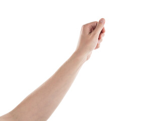 Young adult left man hand hold something isolated on white