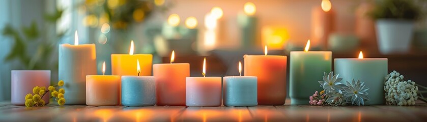 Colorful candles lit in a cozy setting, bringing warmth and ambiance to the room with a soft, inviting glow.