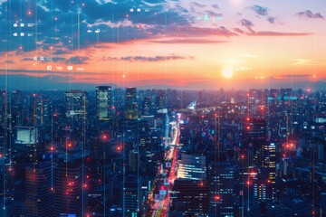 Fototapeta premium Modern cityscape with towering skyscrapers. busy road and urban infrastructure This urban landscape overlay consists of dynamic data streams and digital data.