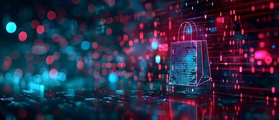 Digital illustration of cyber security and shopping bag icon hologram on digital background, data technology concept ,3d rendering, banner design with copy space area for web graphics. 