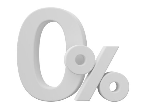 White zero percent or 0% special offer isolated on transparent background. 3d render illustration.