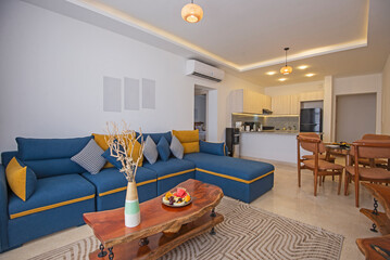 Interior design of luxury apartment living room with balcony