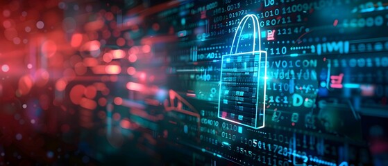 Obraz premium Digital illustration of cyber security and shopping bag icon hologram on digital background, data technology concept ,3d rendering, banner design with copy space area for web graphics. 