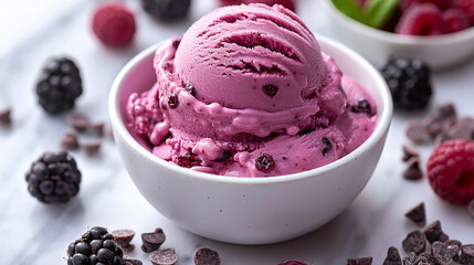 Wide banner photo of delicious scoop of purple color black raspberry chip cookie dough ice cream sorbet on a icecream cup with fruits and chips around in white background 