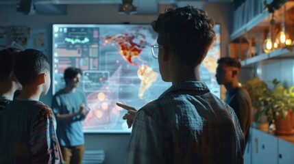 A group of teenagers engage in a coding boot camp, with one explaining a complex problem on a digital whiteboard. The room is bathed in soft, natural light, which casts gentle shad