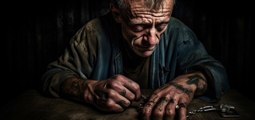 A man sits at a table, his hands tattooed and scarred, as he picks at a chain with a small screwdriver. AI.