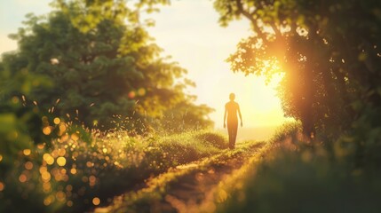 A person engaged in a peaceful, reflective walk in nature with gentle bokeh, spiritual practices of Christians, bokeh
