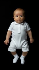 An adorable baby wearing a white onesie and socks is looking at the camera with big, curious eyes. AI.