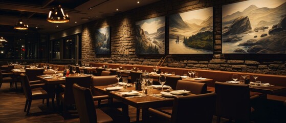 Luxurious restaurant interior with dim lighting and elegant table settings. AI.