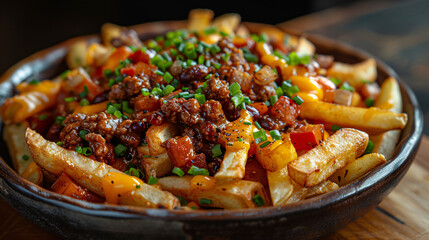 Delicious homemade spicy chili fries with green