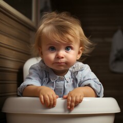 A cute baby girl sitting on a potty chair looking away with a curious expression on her face. AI.